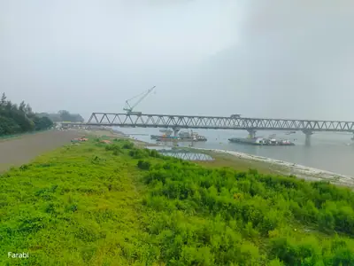 Jamuna river with the rail bridge under construction