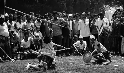 Lathi khela (traditional stick-fighting) performance before a crowd in Tangail town