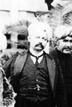 Group photograph, 1902, Nawab Salimullah with notable residents at Ahsan Manzil, Dhaka; Wajed Ali Khan Panni (Chand Mian) of Karatia is second from left in the front row.